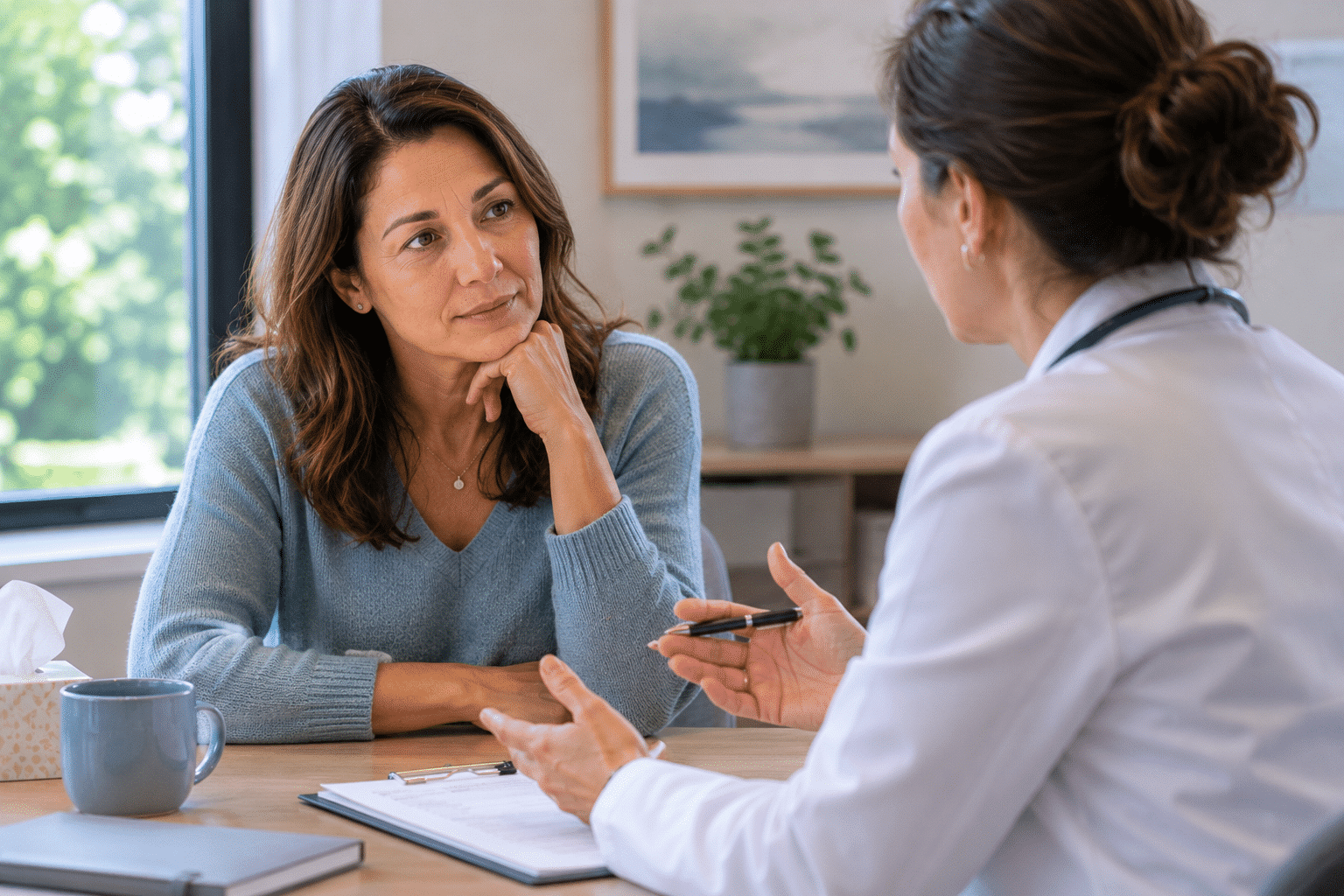 Two women sit at a table having a serious conversation about Jewish breast cancer support. One gestures with her hand while the other listens. Papers, a notebook, and a mug are on the table in front of them.