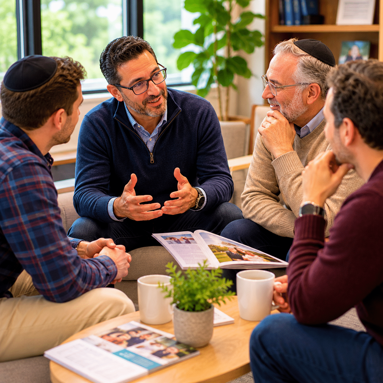 Two women sit at a table having a serious conversation about Jewish breast cancer support. One gestures with her hand while the other listens. Papers, a notebook, and a mug are on the table in front of them.