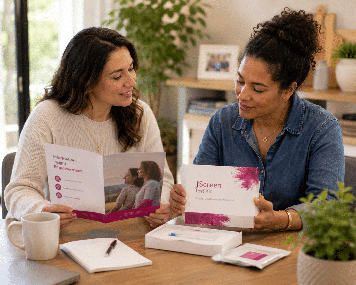 Two women sit at a table having a serious conversation about Jewish breast cancer support. One gestures with her hand while the other listens. Papers, a notebook, and a mug are on the table in front of them.