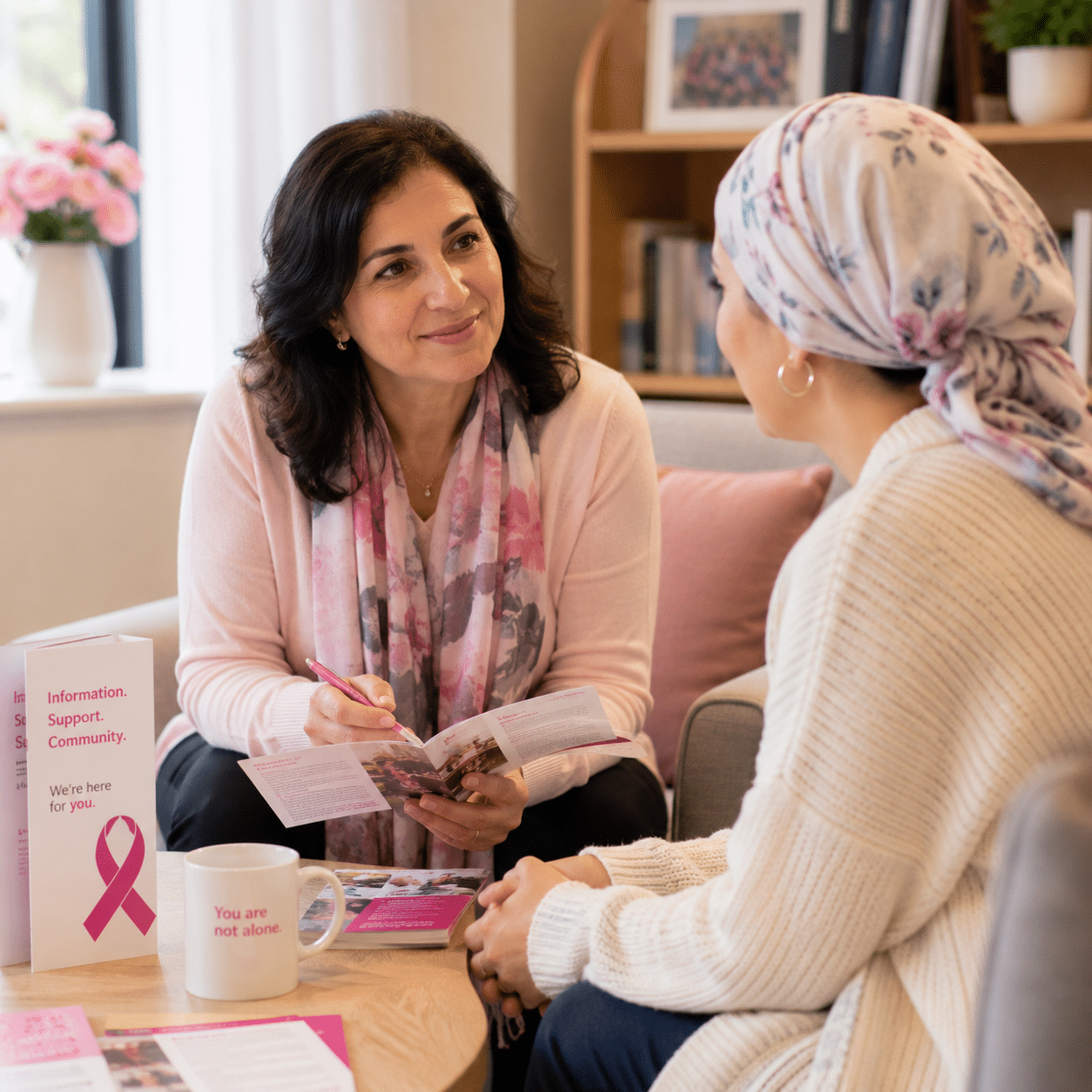 Two women sit at a table having a serious conversation about Jewish breast cancer support. One gestures with her hand while the other listens. Papers, a notebook, and a mug are on the table in front of them.