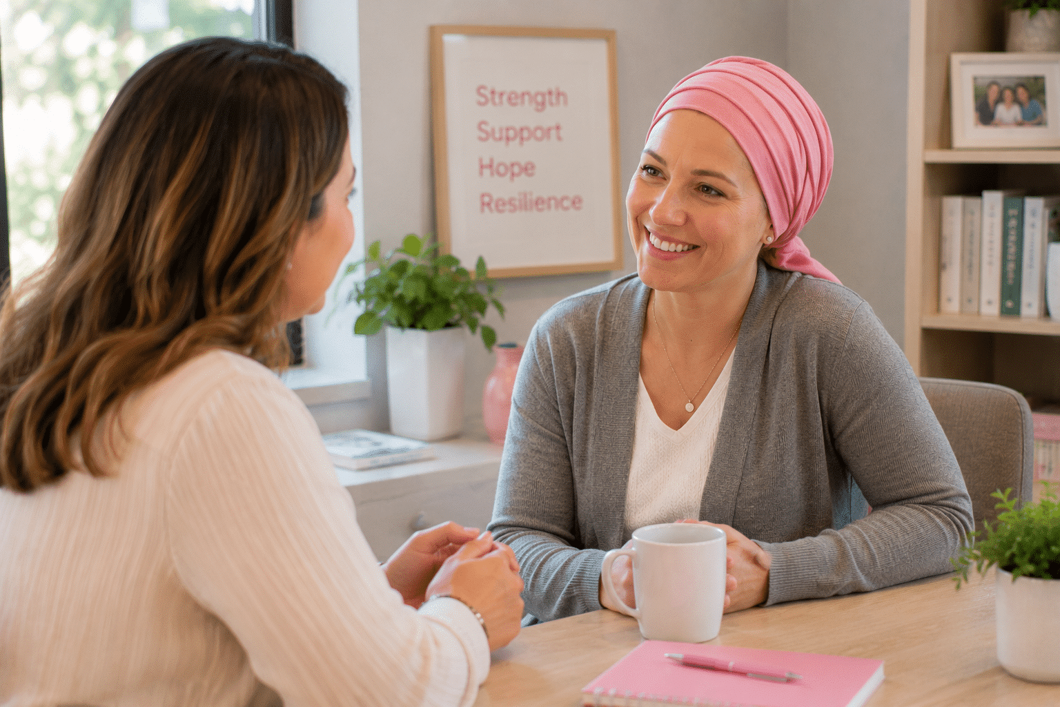 Two women sit at a table having a serious conversation about Jewish breast cancer support. One gestures with her hand while the other listens. Papers, a notebook, and a mug are on the table in front of them.