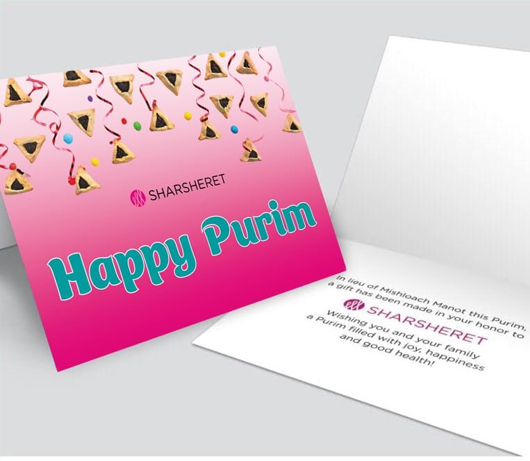 A pink and white greeting card features the words Happy Purim with images of hamantaschen cookies and confetti. The inside message mentions Sharsheret and wishes joy, happiness, and good health.