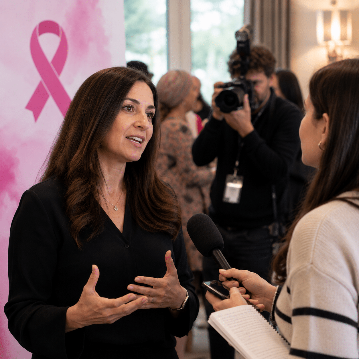 Two women sit at a table having a serious conversation about Jewish breast cancer support. One gestures with her hand while the other listens. Papers, a notebook, and a mug are on the table in front of them.