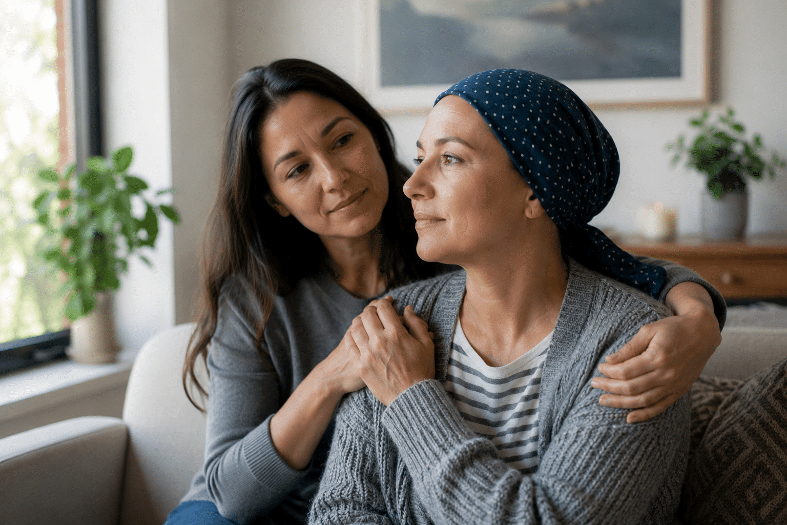 Two women sitting on a couch; one, wearing a headscarf, looks thoughtful while the other sits close with her arms around her, offering comfort. They are indoors, with plants and framed art in the background.