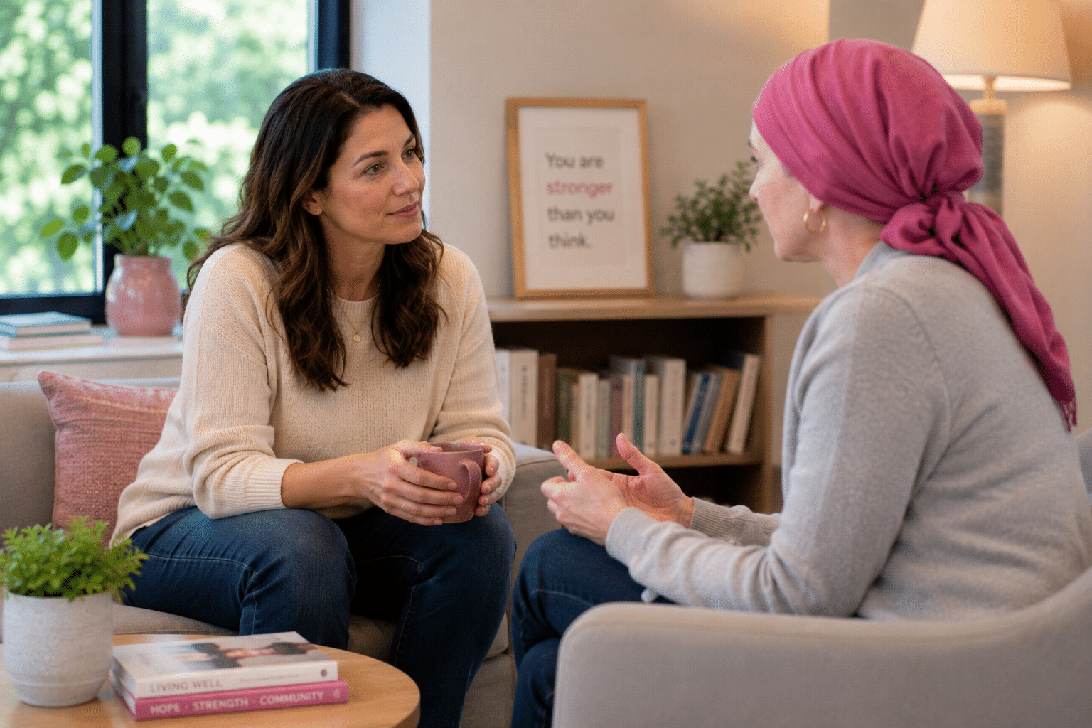 Two women sit on a couch indoors having a conversation. One woman holds a mug and listens attentively, while the other, wearing a headscarf, speaks and gestures with her hands. A bookshelf and framed sign are in the background.