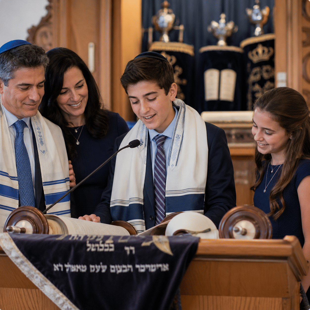 A boy wearing a tallit reads from a Torah scroll at a synagogue podium, accompanied by two adults and a girl who are smiling and standing close to him. Hebrew text is embroidered on the cloth covering the podium.