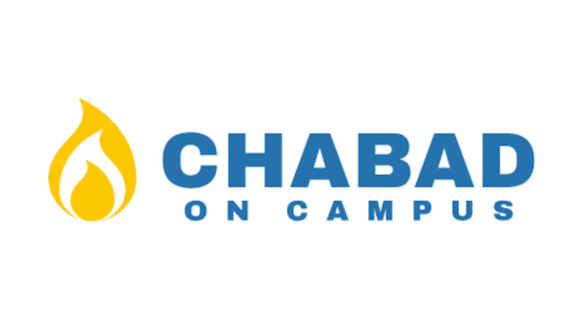 Logo with a yellow flame icon on the left and the words CHABAD ON CAMPUS in bold blue letters on the right, set against a white background.