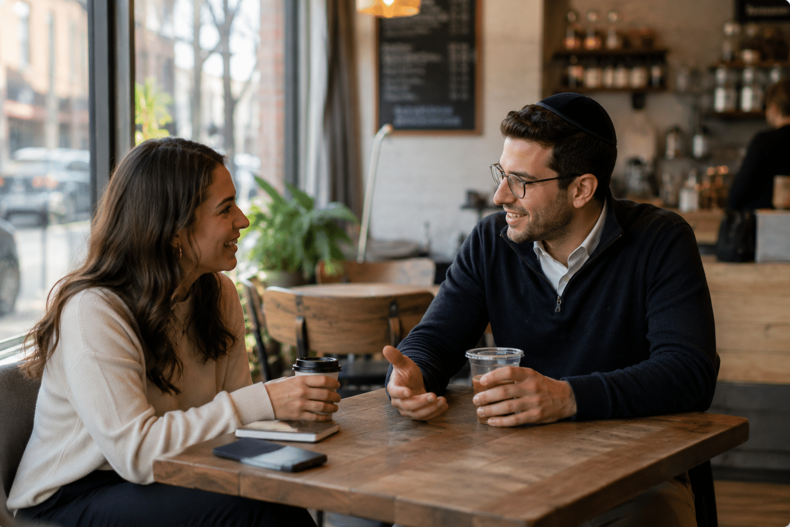 A woman and a man from a young professionals circle sit across from each other at a wooden cafe table, holding drinks and talking. The woman has a takeaway cup, the man an iced beverage. A phone rests on the table.