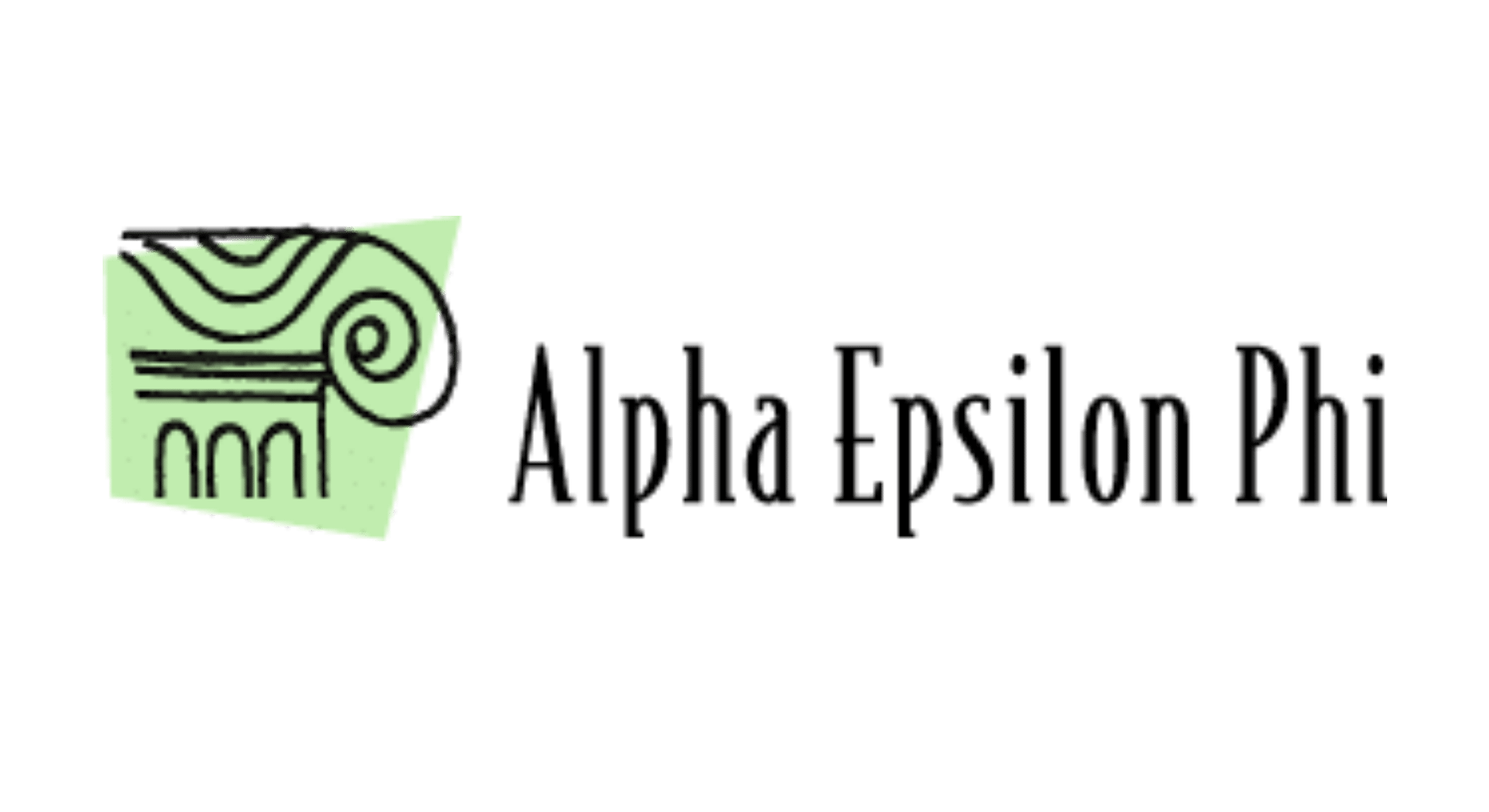 The Alpha Epsilon Phi logo features a stylized Greek column with a green background on the left and the words Alpha Epsilon Phi in black text on the right.