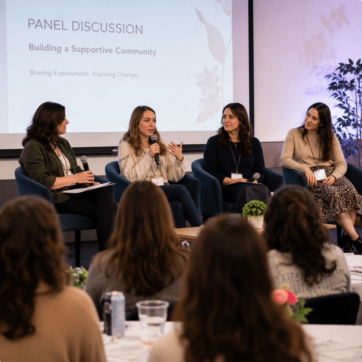 Four women sit on stage participating in a panel discussion. One woman speaks into a microphone while the others listen. A projection screen behind them reads “Panel Discussion: Building a Supportive Community.”.