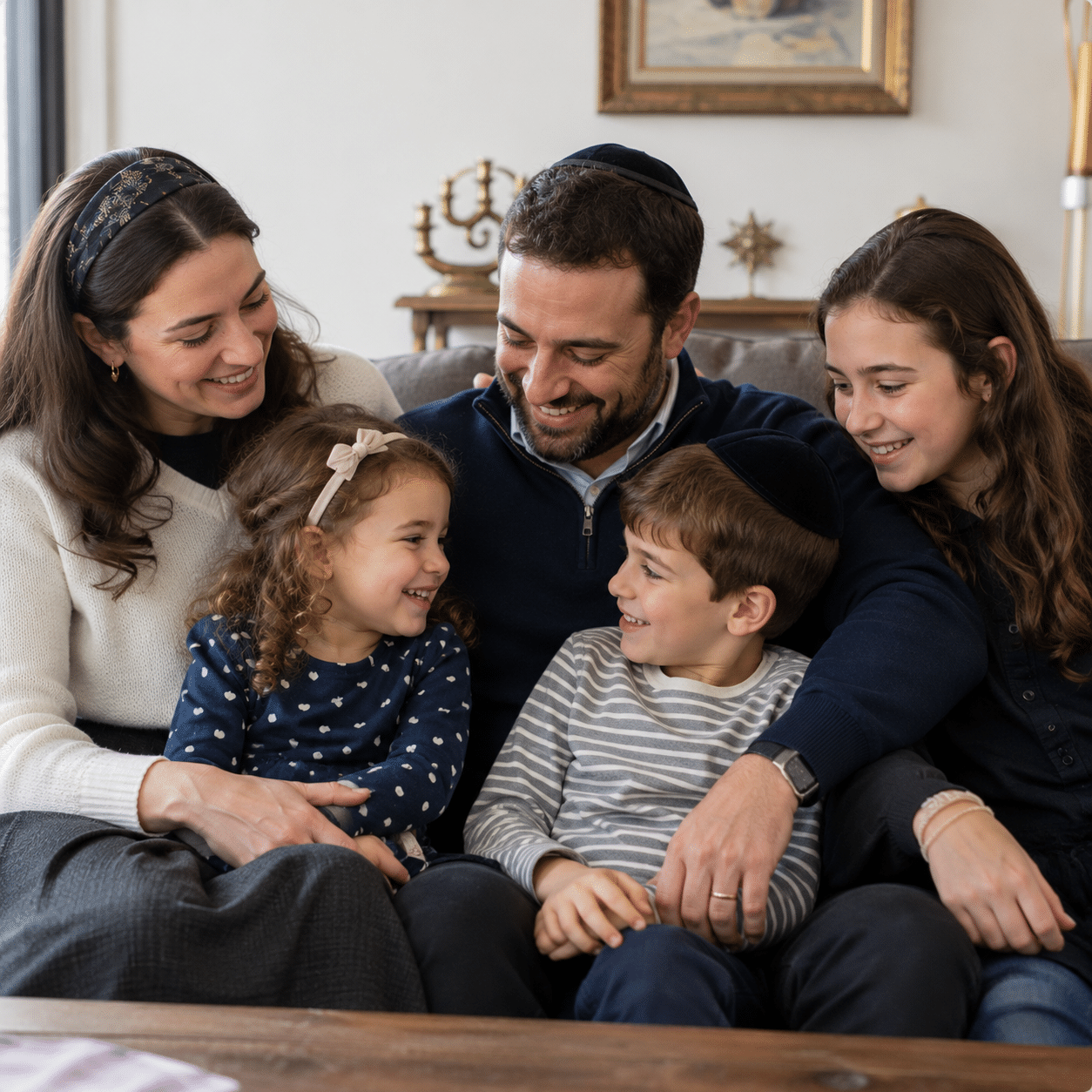 A family of four, two adults and two children, sits closely together on a couch, smiling and interacting with each other in a warmly lit living room. A menorah and framed picture are visible in the background.