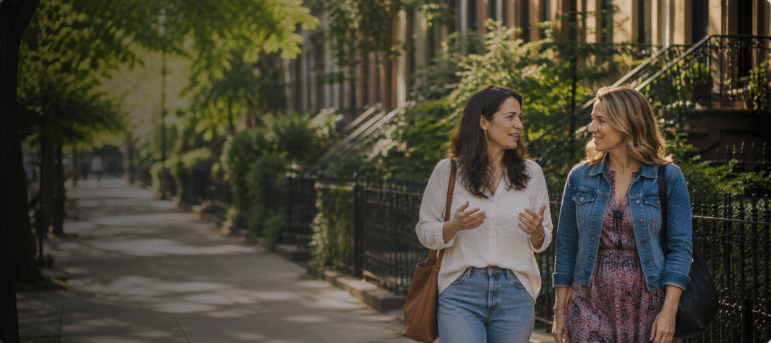 Two women walk on a quiet, tree-lined city sidewalk, engaged in conversation. One wears a white sweater and jeans, the other a denim jacket over a dress. Townhouses and greenery line the street—consider a moment to donate to Sharsheret.