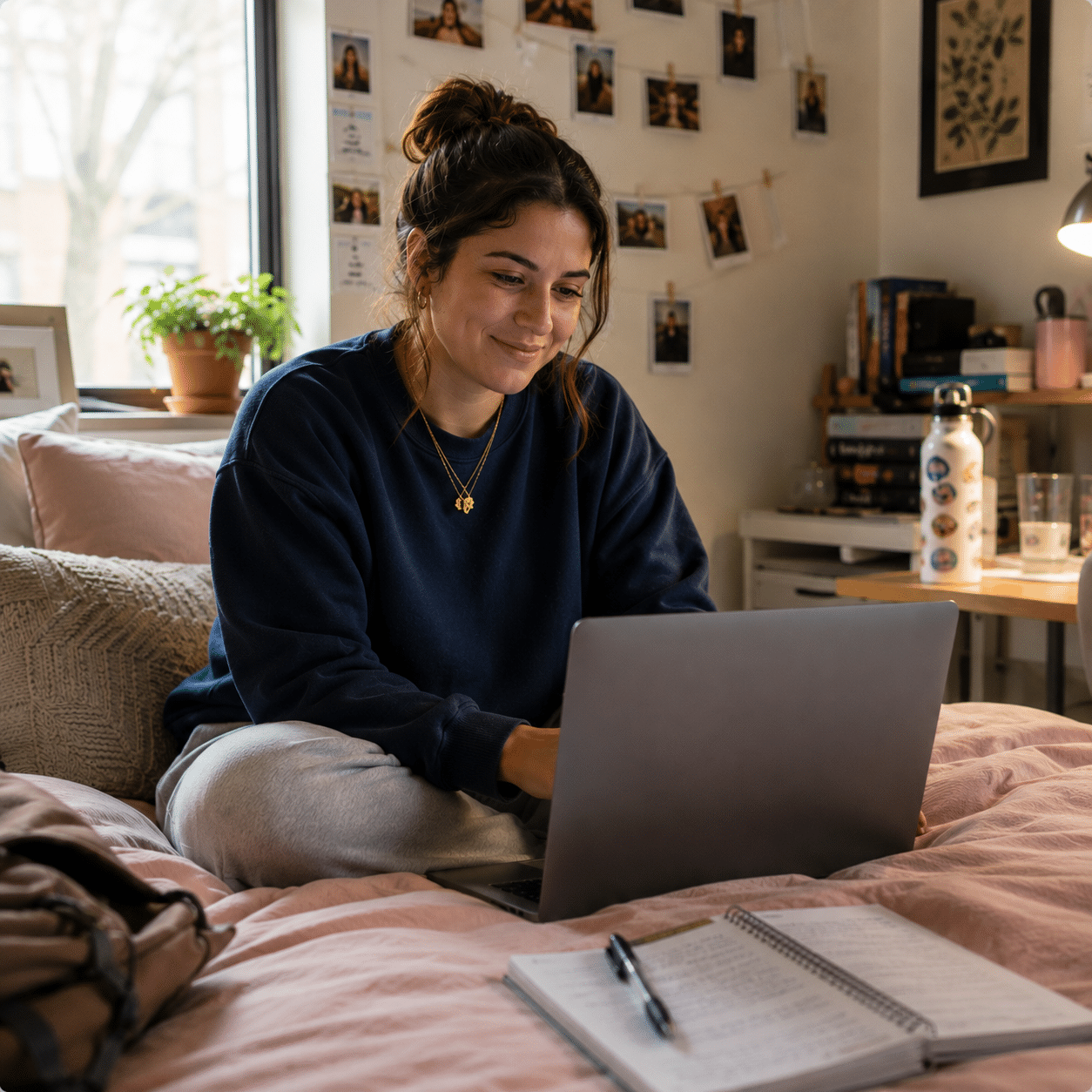 A young woman sits on her bed using a laptop, with a notebook and pen in front of her. The room is decorated with photos, books, a water bottle, and a potted plant near the window.