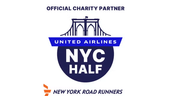 Logo featuring a stylized bridge above the text United Airlines NYC Half, with "Official Charity Partner" above. Below is the New York Road Runners logo and text, highlighting team sharsheret as part of this inspiring event.