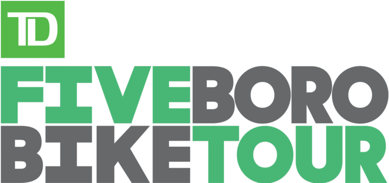 Logo for the TD Five Boro Bike Tour, featuring TD in a green square at the top left and the words FIVE BORO BIKE TOUR in bold green and gray block letters on a white background—perfect for team sharsheret participants.