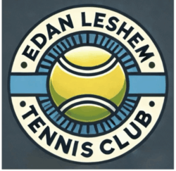 A circular logo with a yellow tennis ball in the center, a blue stripe behind it, and the words EDAN LESHEM TENNIS CLUB written around the edge in bold letters, symbolizing not just athletic excellence but also emotional and spiritual healing through tennis.
