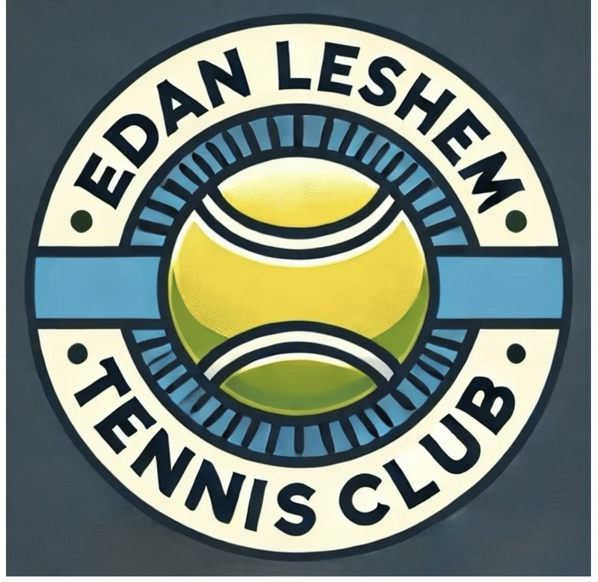 A circular logo with a yellow tennis ball in the center, a blue stripe behind it, and the words EDAN LESHEM TENNIS CLUB written around the edge in bold letters, symbolizing not just athletic excellence but also emotional and spiritual healing through tennis.