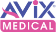Logo for AVIX Medical. AVIX is in large blue letters with a pink wave on the A, symbolizing emotional and spiritual healing. MEDICAL appears below in white letters inside a pink rectangle.
