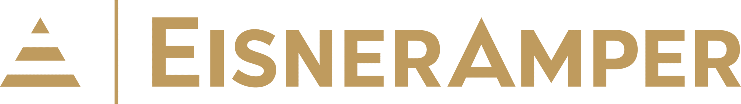 The EisnerAmper logo features a stylized gold triangle design to the left of the gold text EISNERAMPER in all capital letters on a white background, subtly evoking themes of emotional and spiritual healing through its balanced, harmonious composition.