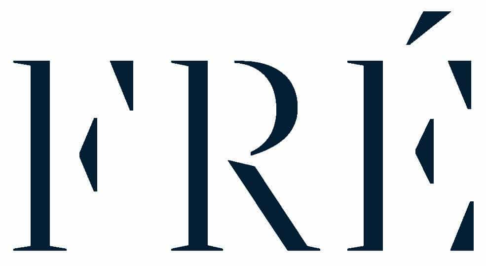 The image shows the word FRÉ in large, dark blue, all-capital serif letters on a white background, with an accent on the letter E, evoking a sense of emotional and spiritual healing through its elegant simplicity.