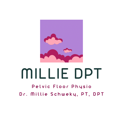 Logo with pink clouds on a purple square above the text MILLIE DPT. Below, it reads, Pelvic Floor Physio and Dr. Millie Schweky, PT, DPT in different fonts and shades of pink—reflecting a space dedicated to emotional and spiritual healing alongside physical wellness.