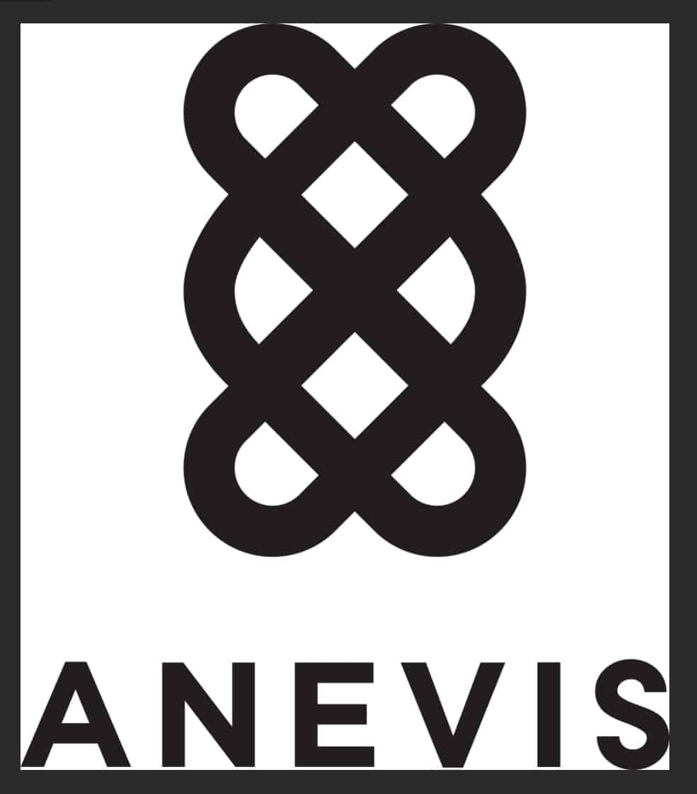 Black geometric knot-like symbol above the word ANEVIS in bold, uppercase letters. The design is centered, monochrome, and enclosed within a thick black border, evoking a sense of emotional and spiritual healing through its harmonious symmetry.