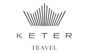 Black crown-like line graphic above the word KETER in uppercase letters, with TRAVEL in smaller uppercase letters below, all on a white background—representing a journey of emotional and spiritual healing.