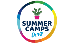 Logo with a potted cactus in the center, surrounded by the words SUMMER CAMPS in bold letters and text in Hebrew below, all enclosed in a colorful circular border—symbolizing growth, emotional and spiritual healing throughout your summer camp experience.