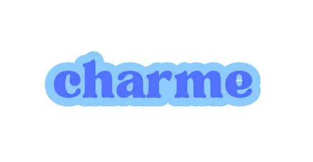 The word charme is centered on a white background in bold, lowercase blue letters with a lighter blue shadow effect, evoking a sense of emotional and spiritual healing. Thin black corner crop marks are visible at all four corners of the image.