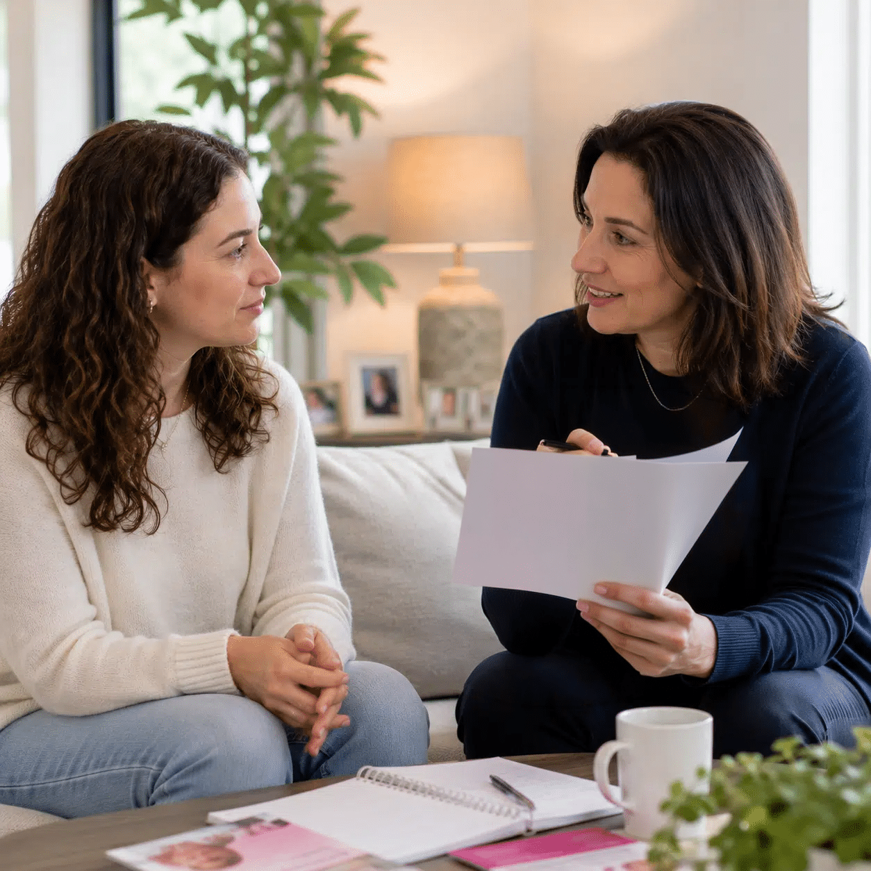 Two women sit at a table having a serious conversation about Jewish breast cancer support. One gestures with her hand while the other listens. Papers, a notebook, and a mug are on the table in front of them.